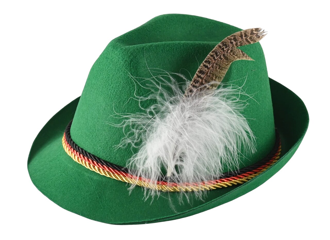 German Oktoberfest Alpine Fedora - Bavarian Swiss Green Traditional Trachten Felt Costume Hat with Feather for Kids and Adults